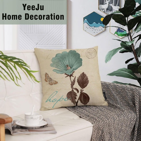 YeeJu Set of 4 Floral Decorative Throw Pillow Covers Plant Pillow Covers Cotton Linen Lotus Leaf Square Pillowcase Flower Outdoor Sofa Bedding Car...