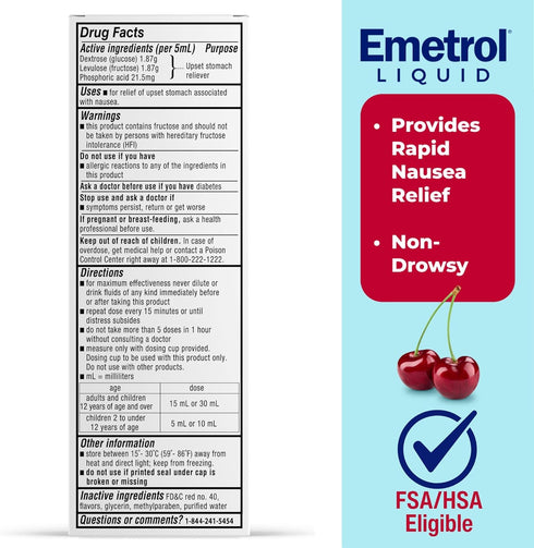Emetrol Non-Drowsy Liquid Nausea Relief - Upset Stomach Medicine - Pharmacist Recommended Nausea Relief - Cherry Flavor - 4fl oz, 2 Pack...