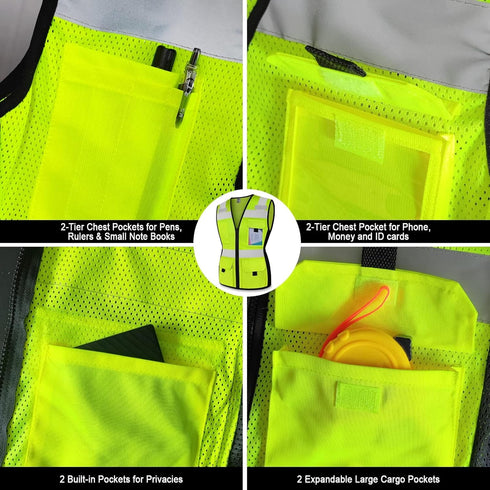 TCCFCCT Women Reflective Vest 11 Pockets High Visibility Mesh Safety Vest for Lady, Neon Construction Work Vest with Zipper, Snug-Fit, Durable wit...