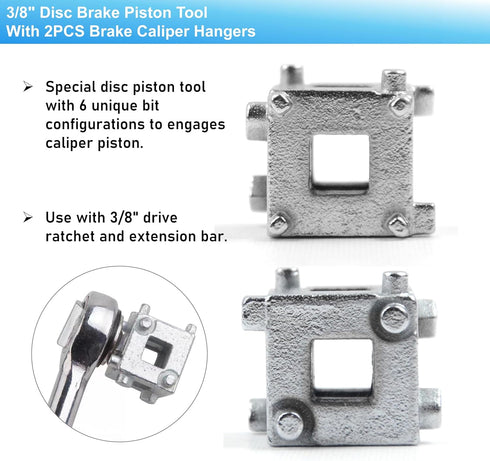 Brake tools,3/8" Disc Brake Piston Tool with 2PCS Brake Caliper Hangers, Manual Brake Caliper Wind Back Cube Tool for 3/8'' Driver,brake piston to...