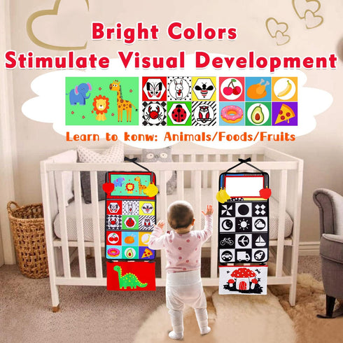 Tummy Time Baby Mirror Infant Toys Newborn Toys 0 3 Months Brain Development with Crinkle Cloth Book and Teether Black and White High Contrast Bab...