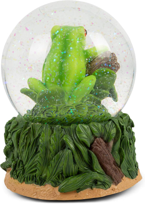 Elanze Designs Playful Green Tree Frog Tabletop Figurine Forest Hopping Log Leaves 100MM Sturdy Glitter Water Wind Up Musical Snow Globe Plays Tun...