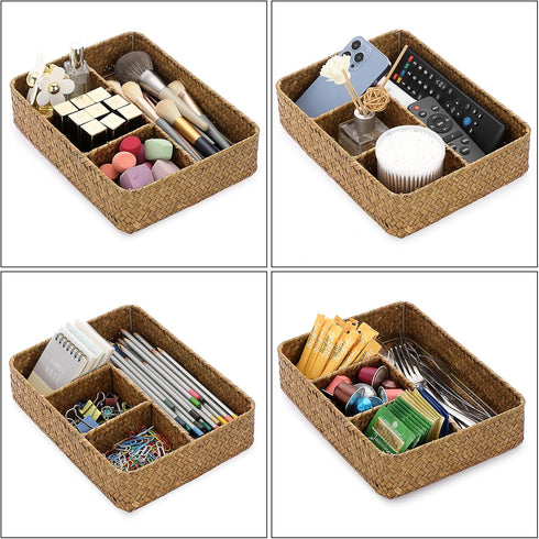 BTSKY Desk Drawer Organizer Tray, Coffee Station Organizer Tea Bag Organizer, Woven Seagrass Storage Basket with 4 Divided Sections Handwoven Wick...