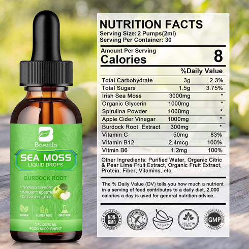 Sea Moss Liquid Drops - Organic Irish Sea Moss Gel with Burdock Root, Vitamin C, B12, 3000mg Seamoss Gel Supplement for Immune, Joint, Detox Clean...