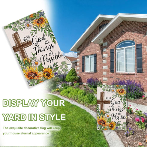 With God All Things Are Possible Christian Decorative Garden Flag, Religious Cross Sunflower Spring Summer Easter Yard Outside Decorations, Inspir...