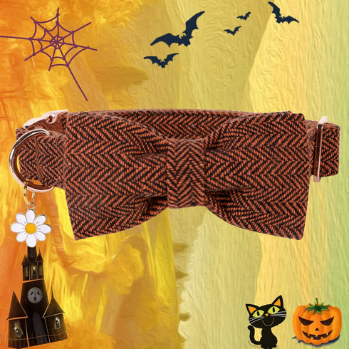 Elegant little tail Halloween Dog Collar with Bow - Herringbone Orange Dog Collar Bow Cotton Durable Bowtie Collar Pet Dog Collar for X-Large Dogs...
