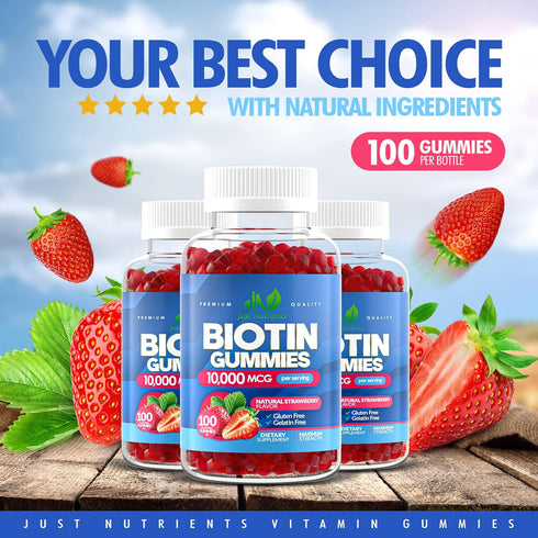 Biotin 10,000mcg Gummies for Women & Men (100 Count) - 2x Extra Strength Biotin for Hair Growth, Skin & Nails - Gluten-Free, Vegan, Non-GMO, Great...