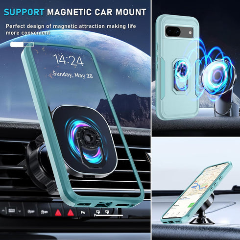 for Google Pixel 8a Case with Screen Protector + Camera Lens Protector,Heavy Duty Shockproof Full Body Protective Cover Built in Rotatable Metal R...