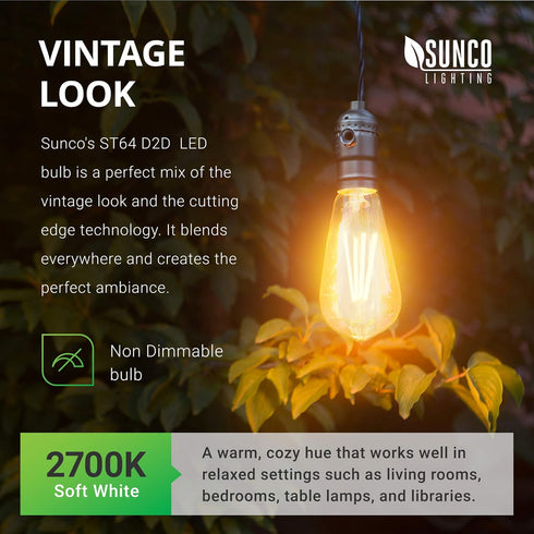 Sunco Lighting - 2 Pack Dusk to Dawn Light Bulbs LED Edison 2700K Soft White, CRI90 7W Equivalent 60W, Vintage Style ST64 Extra Bright Automatic B...