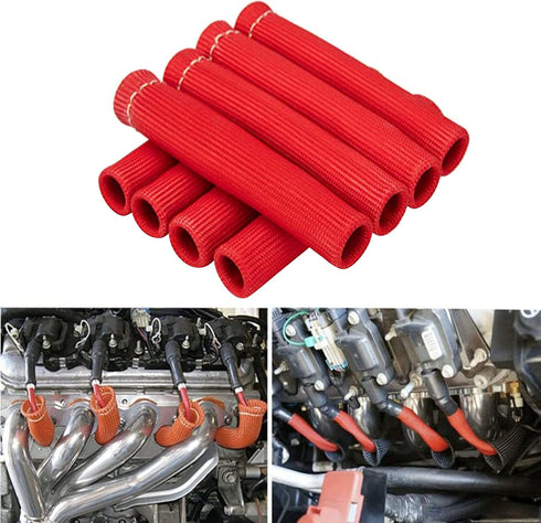 Spark Plug Wire Heat Shield & Sleeve - 2500 High Temp Heat Tape Protection - 8 Pack (Red)...