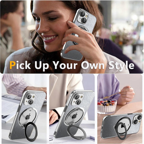 for iPhone 15 Plus Case Glitter with Rotatable Ring Stand Compatible with MagSafe, Plating Bling Clear Case with Camera Lens Protector Slim Phone ...
