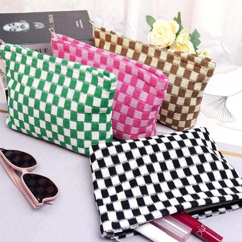4pcs Lager Checkered Makeup Bag Cosmetic Bag for Women, Y2k Accessories Aesthetic Plaid Makeup Bag for Women, Large Capacity Pencil Case Makeup Br...