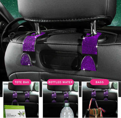 2 PCS Bling Car Seat Headrest Hooks, Crystal Rhinestone Back Seat Hanging Storage Organizer, Auto Purse Bags Hanger, Universal Vehicle Interior Ac...