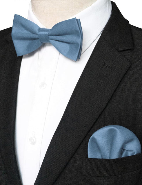 Solid Color Pre-tied Bow Tie and Pocket Square Set for Men...
