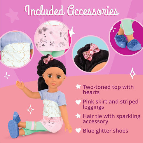 Glitter Girls – Soo Ji 14-inch Poseable Fashion Doll – Black Hair & Hazel Eyes —Hearts Outfit with Blue Glitter Shoes – Toys, Clothes, and Accesso...
