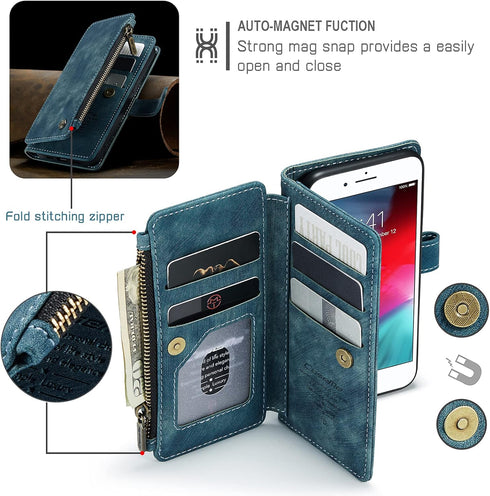 UEEBAI Wallet Case for iPhone SE 2022 5G/iPhone 7/iPhone 8/iPhone SE 2020, Handmade PU Leather Phone Case Card Slots Magnetic Zipper Pocket Kickst...