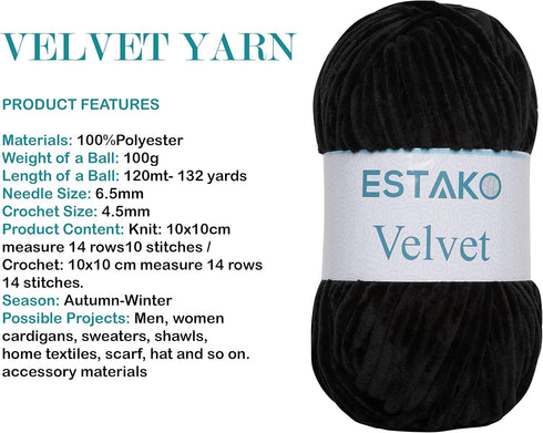 Estako Velvet Chenille Blanket amigurumi Yarn for Crocheting and Knitting Super Bulky 100 gr (132 yds) (1810 - Black)...
