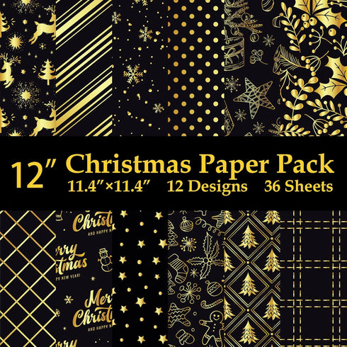 12" Christmas Pattern Paper & Sticker Kit Black Gold Scrapbook Premium Specialty Paper Double-Sided 12"x12" with 12 Designs 36 sheets for Scrapboo...