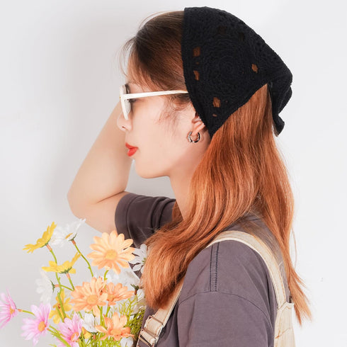 Crochet Head Scarf Bandanas Headbands Hair Scarf for Women Girls Knitted Floral Hair Coverings Accessories for Hair Styling Holiday Decor(Black)...
