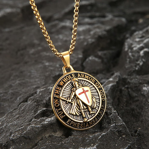 HZMAN Knights Templar Put On The Whole Armor of God Ephesians 6:13-17 Red Cross Design Stainless Steel Necklace for Men...