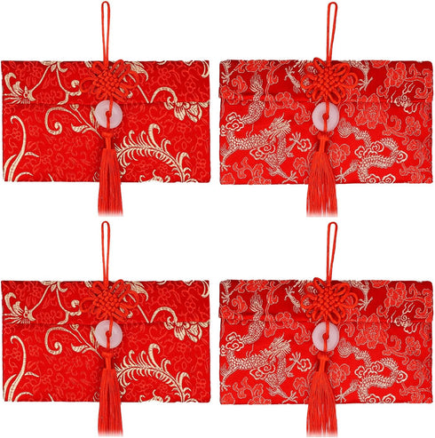 4pcs Satin Chinese Red Envelopes, Exquisite New Year Lucky Money Envelopes with Chinese Knot & Jade Pendant Lunar Spring Festival Hong Bao Wedding...