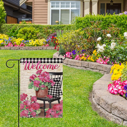 Welcome Spring Geranium Pink Flower Decorative Garden Flag, Black White Buffalo Plaid Floral Pot Chair Yard Outside Home Decorations, Summer Farmh...