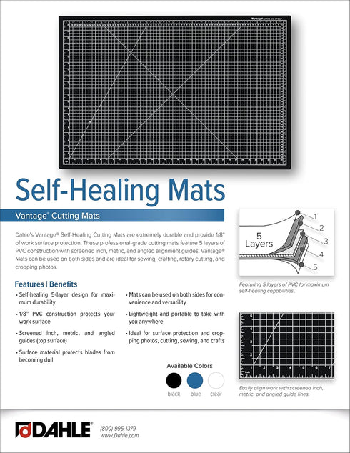 Dahle Vantage 10690 Premium Self-Healing Cutting Mat, 9"x12", 1/2" Grid, 5 Layers for Max Healing, Perfect for Crafts & Sewing, Blue...