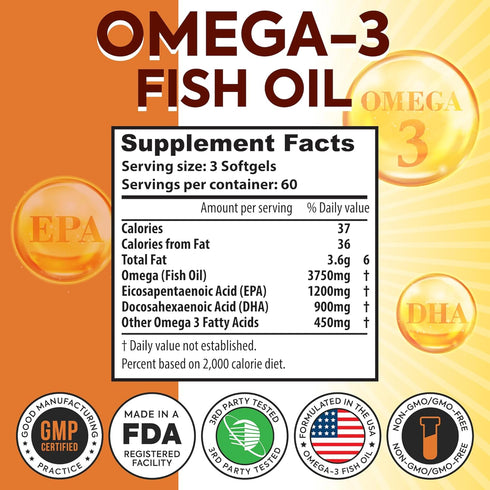 Omega-3 Fish Oil 3750mg Triple Strength - 180 Burpless Softgels | EPA 1200mg + DHA 900mg | Promotes Healthy Heart, Immune System, Eyes, Skin & Bra...
