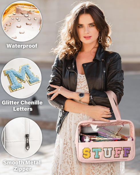 Modern Transparent Makeup Pouch with Embroidered Monogram - Clear Toiletry Bag with Wristlet for Women and Girls - Stylish Waterproof Cosmetic Cas...