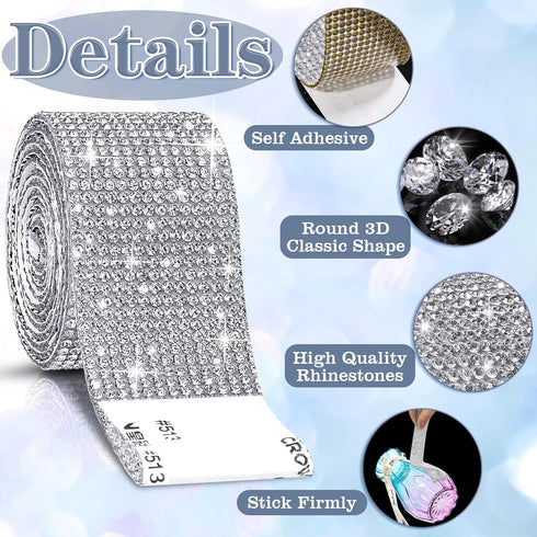 Cludoo 10 Rolls Rhinestone Ribbons,10 Yard Silver Self Adhesive Rhinestone Strips, Bling Diamond Rhinestone Ribbon Roll Tape Wrap, Rhinestones Sti...