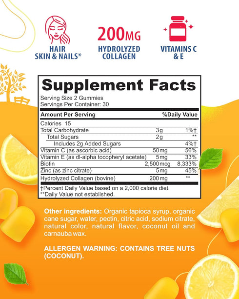 Beauty Collagen Gummies for Women & Men - 60 Chewable Vitamins, 30-Day Supply - Enhanced Hair Skin and Nails Gummies - 2500mcg Biotin, Vitamin A, ...