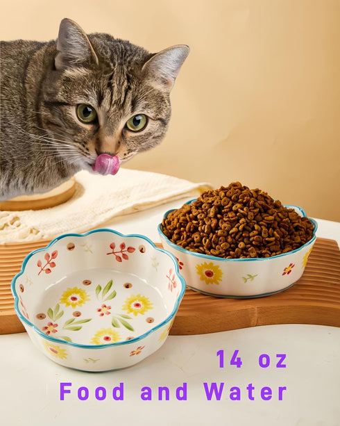 Premium Cat Food Bowl Set of 2, 6” Ceramic Cat Water Bowl, Cute Cat Bowls for Indoor Cats, Shallow Weighted Cat Dishes for Wet Food, Whisker Fatig...