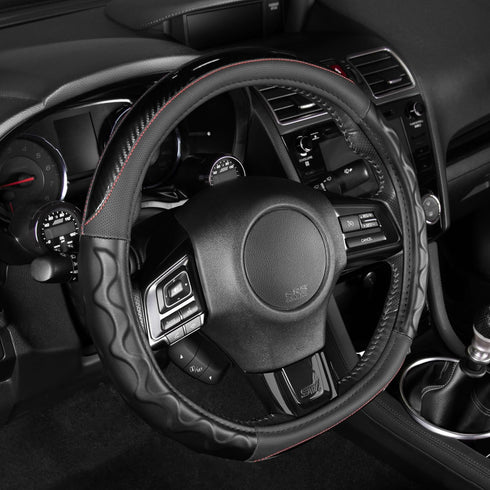 Motor Trend Redline D-Shaped Steering Wheel Cover - Premium Flat Bottom Car Steering Wheel Cover, Black Faux Leather Sterring Wheel Cover, Standar...