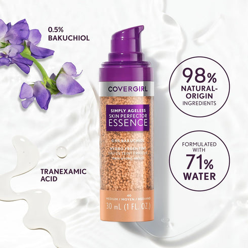 Covergirl Simply Ageless Skin Perfector Essence Foundation, 20 Light, Tinted Skin Perfector, Skincare Makeup Hybrid, Sheer Tint, Radiant Finish, S...