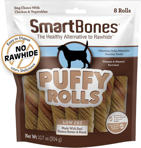 Smartbones Puffy Rolls Chews for Dogs, 8 Count, Treat Your Dog to Easy-to-Digest Rawhide-Free Chews Made with Real Peanut Butter and Bison...
