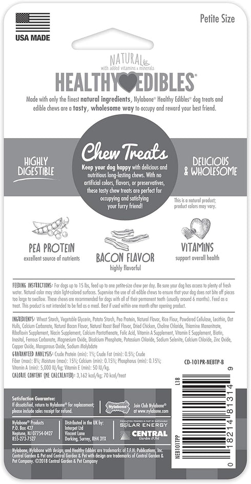 Nylabone Healthy Edibles Natural Dog Chews Long Lasting Bacon Flavor Treats for Dogs, X-Small/Petite (2 Count)...