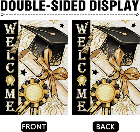 Welcome Class of 2024 Congrats Grad 28 x 40 House Flag Double Sided, Black Gold Graduation Cap Diploma Medal Garden Yard Decoration, High School C...
