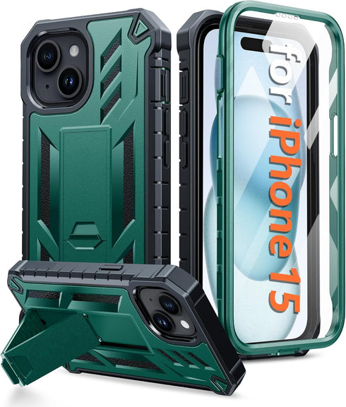 FNTCASE for iPhone 15 Phone Case: Military Grade Shockproof Full Protection Hard Phonecase with Kickstand - Dual Layer Matte Textured Drop Proof R...