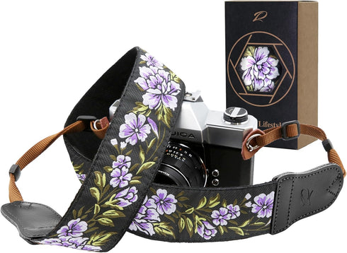Padwa Lifestyle Purple Flower Camera Strap - 2" Double Layer Cowhide Head Camera Straps for Photographers?Adjustable Neck & Shoulder Vintage Jacqu...