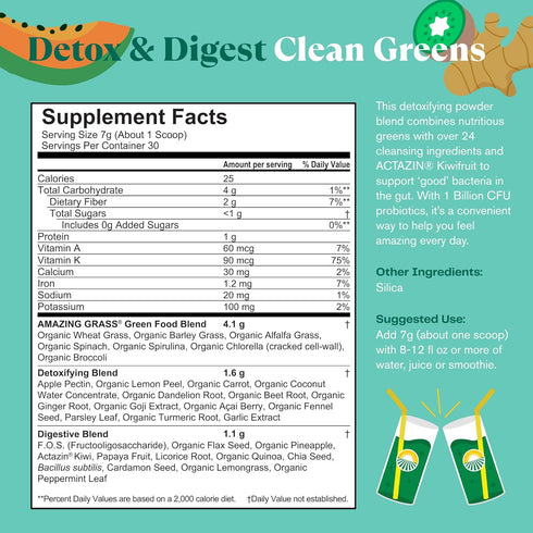 Amazing Grass Greens Superfood Detox & Digest: Greens Powder with Digestive Enzymes & Probiotics, Clean Green, 30 Servings (Packaging May Vary)...
