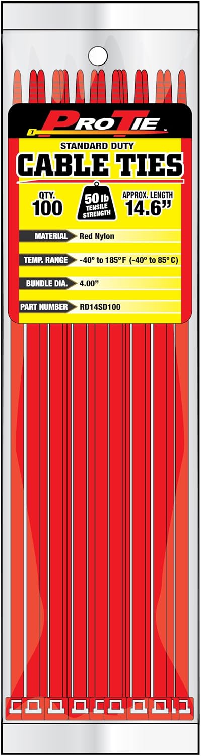 Pro Tie Standard Duty, Self-Locking Nylon Cable Wire Ties for Indoor and Outdoor Use | 14.6-Inch, 50 lbs. Tensile Strength, Red Nylon, 100-Pack (P...