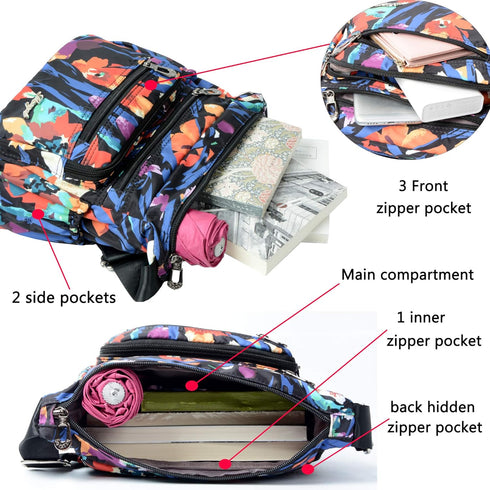 Nylon Floral Multi-Pocket Crossbody Purse Bags for Women Travel Shoulder Bag...