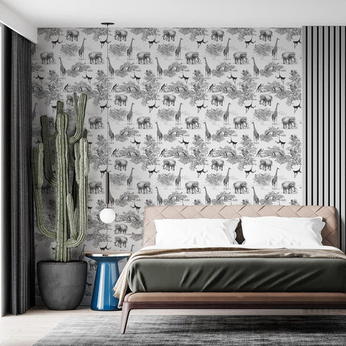 Peel and Stick Wallpaper Giraffe and Elephant Black/White Wallpaper for Kids Room Forest Animals Wallpaper Vintage Contact Paper Nursery Wallpaper...