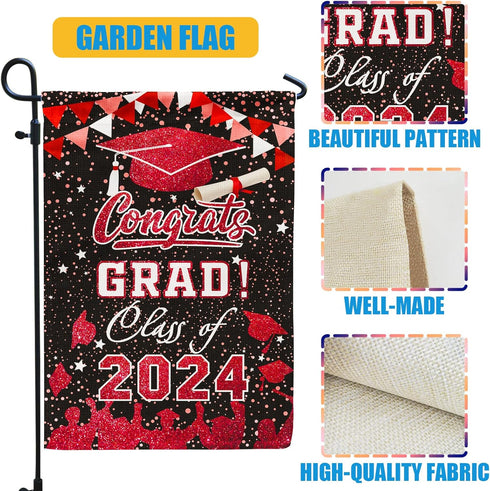 Graduation Garden Flag Class of 2024, Red Congrats Grade Flag for Outside Party Hanging Decorations 12x18 Inch Burlap...