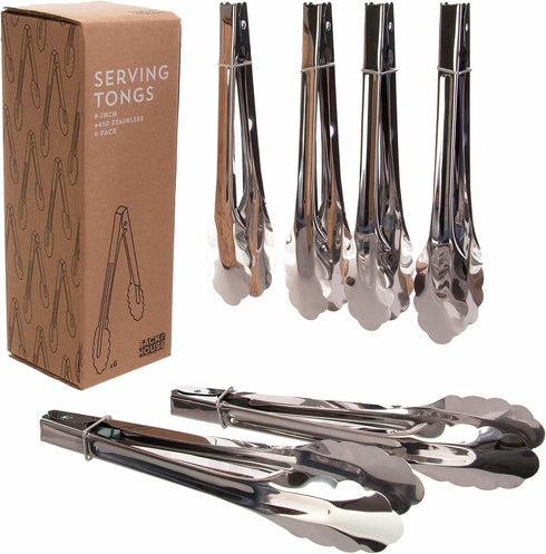 Stainless Steel Serving Tongs, 6-Pack - 9-Inch Serveware Utility Set with Rings - Kitchen Gadgets & Self Serve Accessories - Cooking, Grilling, Ca...