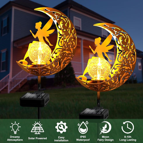 ZNYCYE Garden Solar Lights Outdoor Decorative, Moon & Fairy Solar Stake Crackle Glass Globe, Gardening Gifts for Women, Garden Stake Lights Waterp...