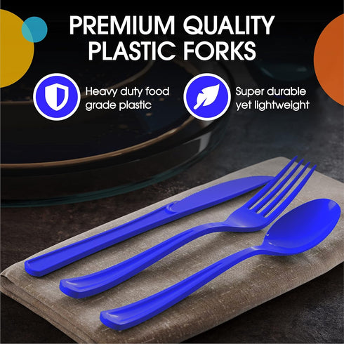 Disposable Dark Blue Plastic Forks 50 Pcs - Heavy Duty Dark Blue Plastic Disposable Cutlery - Dark Blue Disposable Flatware, Dark Blue Plastic Sil...