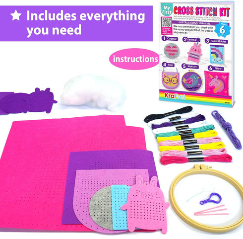 KRAFUN Beginner My First Cross Stitch Kit for Kids Arts & Crafts, 6 Easy Projects of Felt Keyring, Bag, Pillow Craft, Instructions, Gift for Girls...