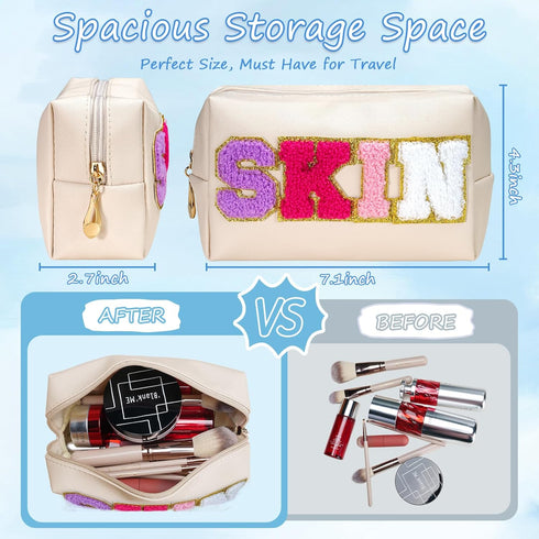2 Pcs Preppy Makeup Bag, SKIN STUFF Chenille Letter Preppy Makeup Bag, Large Capacity Daily Use & Travel Skincare Bag, Waterproof PU Leather Perso...
