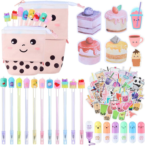 Sabary 228 Pcs Kawaii Stationary Set Include Telescopic Boba Pencil Pouch Case Bag Gel Ink Pen Sticky Note Bubble Tea Sticker Pill Highlighter Sta...